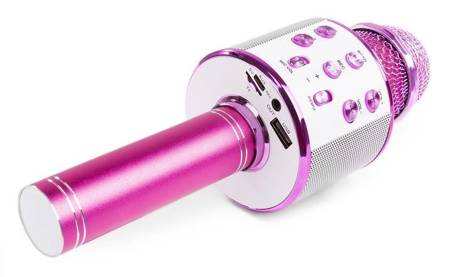 Mikrofon karaoke z głośnikami BT MP3 efekt LED różowy